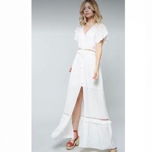 Lace trim Button down Off White Maxi dress New